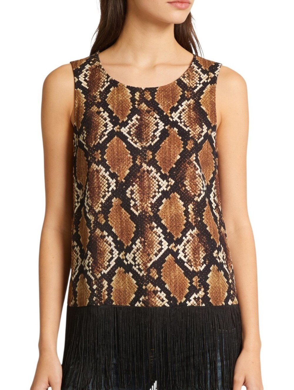MICHAEL KORS Women's Top Snake Print Brown Fringe Stretch MEDIUM